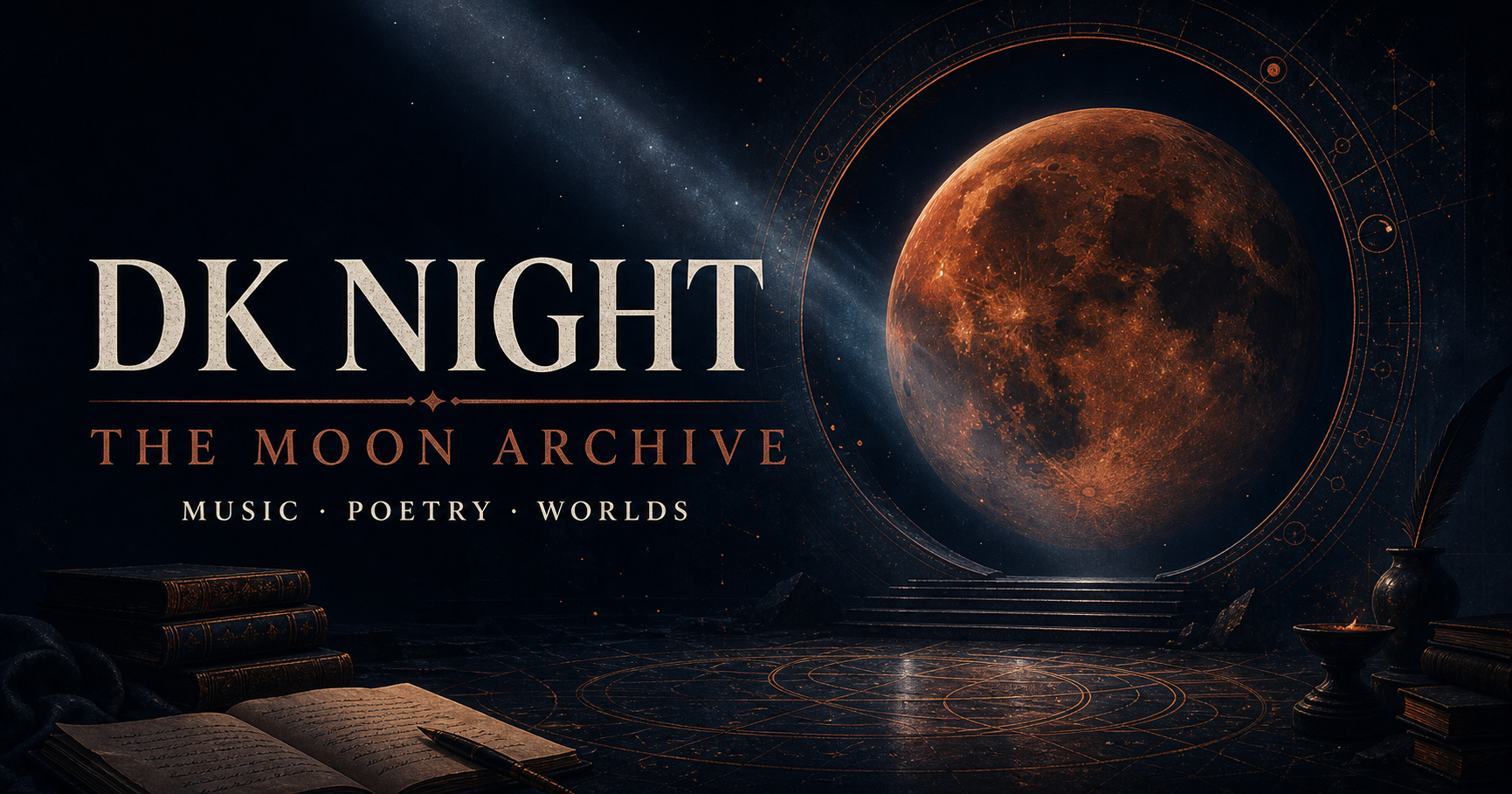 DK Night — The Moon Archive. Music, poetry, and worlds before a copper moon portal.